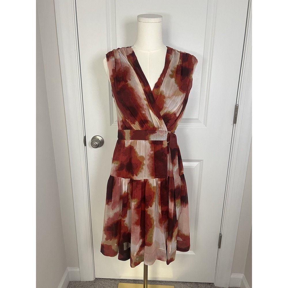 Women's Taylor Chiffon Wrap Mini Tiered Dress Red Burgundy Size Small Sleeveless